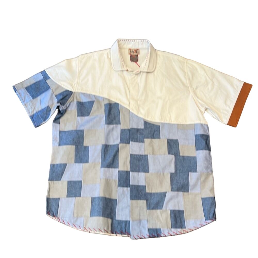 ONE432 Men's Short Sleeve Button Down Shirt Off White Blue Size XL